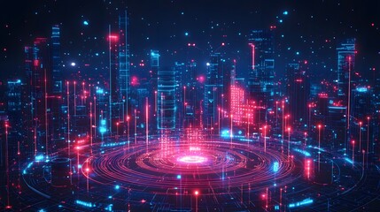 Fototapete - Futuristic cityscape with neon buildings and floating lights against a dark sky, featuring a glowing circular platform. A captivating vision of tomorrow. Abstract wireframe in dark blue.
