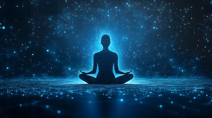 Aufkleber - Meditative silhouette in lotus position bathed in blue light, surrounded by glowing digital constellations, evokes calm and spirituality. Abstract wireframe in dark blue