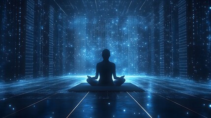 Aufkleber - Silhouette meditates in lotus pose against a radiant grid and starry backdrop. Cool blue hues enhance the serene, reflective scene. Abstract wireframe in dark blue