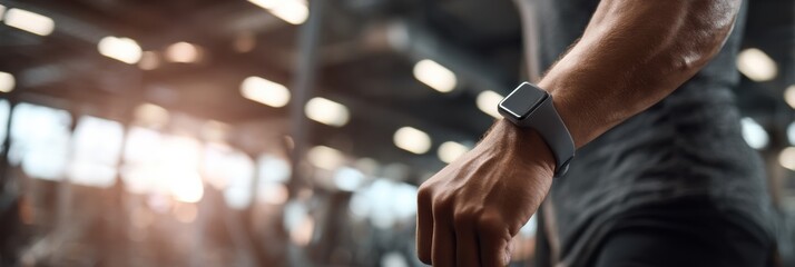 Poster - Muscular Wrist With Fitness Tracker in a Busy Gym During a Workout Session Showing Dedication to Fitness and Health Goals