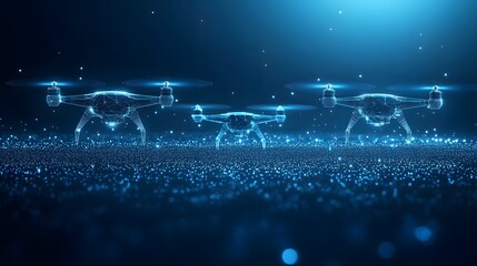 Poster - Futuristic drones shimmer on a blue, dotted platform against a gradient backdrop. Their clean lines and glowing effect evoke technology. Ideal for innovation concepts. Abstract wireframe in dark blue.