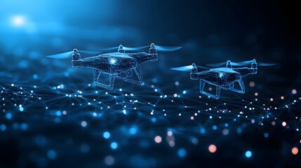 Poster - Futuristic blue drones hover above a connected node network. Wireframe designs suggest advanced technology. Dynamic propellers convey motion. Abstract wireframe in dark blue.