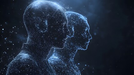 Leinwandbilder - Futuristic digital renderings showcase two luminous wireframe human profiles interconnected with light. Artificial intelligence, digital identity are present. Abstract wireframe in dark blue