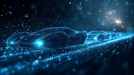 Leinwandbilder - Futuristic vehicles glide along a digital path. Blue wireframe cars and particles create a modern, tech-inspired scene. Captures innovation and movement. Abstract wireframe in dark blue
