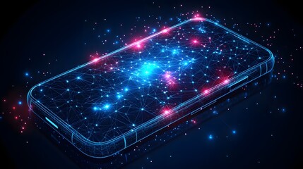 Futuristic smartphone with glowing neon blue outline and a dynamic network display showcasing connectivity and data flow, set against a deep blue background. Abstract wireframe in dark blue.