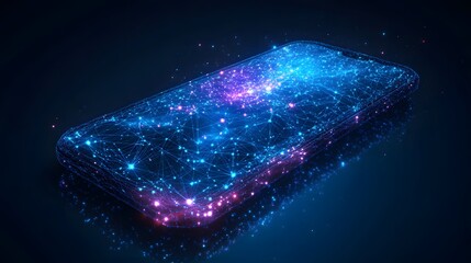 Poster - Futuristic smartphone concept featuring a glowing network. The interconnected blue and pink lights create a high-tech aesthetic with a digital starfield effect. Abstract wireframe in dark blue.
