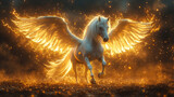 Pegasus winged legendary horse flying with spread wings on dreamy landscape
