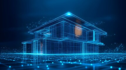 Poster - Futuristic wireframe house rendered in blue lines against a dark blue gradient. Orange grid windows add contrast, set on a blue grid surface. Networks surround, Abstract wireframe in dark blue.