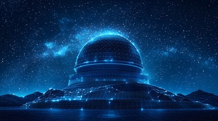Poster - A futuristic wireframe observatory under a starlit sky glows blue, blending technology and nature. Perfect for science, astronomy, and digital innovation concepts. Abstract wireframe in dark blue