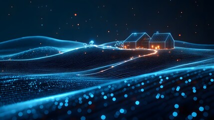 Poster - Digital landscape featuring glowing wireframe houses and trees on blue dotted hills. An orange path leads to the illuminated homes under a starry sky. Abstract wireframe in dark blue