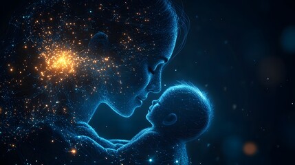 Poster - Ethereal mother and child embrace, depicted in glowing blue lines. Golden light surrounds them in the dark blue backdrop. A tender moment captured abstract wireframe in dark blue.