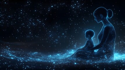 Aufkleber - A luminous wireframe of a mother and child, embraced by a star-filled expanse. The translucent figures evoke warmth and protection in a cosmic setting. Abstract wireframe in dark blue