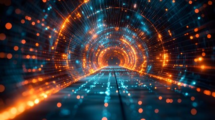 Fototapete - Immersive tunnel of light, a captivating journey through glowing points. Warm oranges and cool blues create depth and perspective. Bokeh enhances the visual experience. Abstract wireframe in dark blue