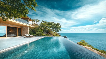 Wall Mural - A swimming pool overlooks a beautiful ocean view. It’s a serene setting combining aquatic relaxation with coastal scenery.