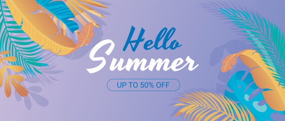 Poster - Summer horizontal sale banner. Shopping promotion poster template with colourful tropical palm leaflets, lush monstera leaves, abstract exotic jungle foliage, botanical frames. Vector illustration.
