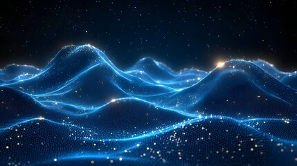 Poster - Futuristic blue landscape with shimmering dots and golden highlights against a starry sky. A digital abstraction of rolling hills or waves. Dynamic energy, Abstract wireframe in dark blue.