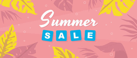Aufkleber - Summer horizontal sale banner. Shopping promotion poster template with abstract colourful tropical palm and monstera leaves silhouettes, invitation with exotic jungle leaflets. Vector illustration.