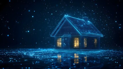 Fototapete - Futuristic home depicted in a vibrant blue wireframe, radiating warmth from within. A modern dwelling concept presented on a digital grid network. Abstract wireframe in dark blue.