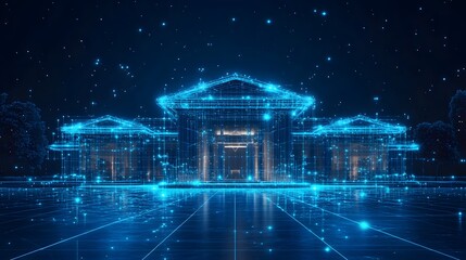 Leinwandbilder - Digital building concept art showcases classical architecture in a virtual realm. Glowing blue lines define the structure against a dark backdrop. Abstract wireframe in dark blue.