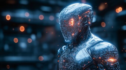 Aufkleber - A humanoid robot with detailed circuitry glows in a dimly lit room.