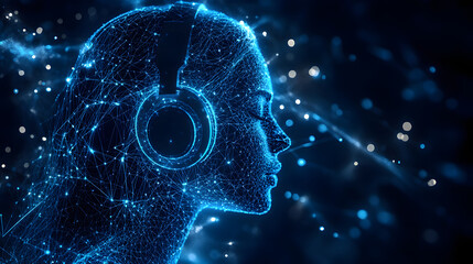 Leinwandbilder - Futuristic blue wireframe head with headphones against a bokeh background evokes technology and connectivity. Perfect for digital themes. Abstract wireframe in dark blue.