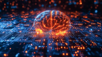 Fototapete - A glowing brain shines amid circuits, merging technology and intelligence.