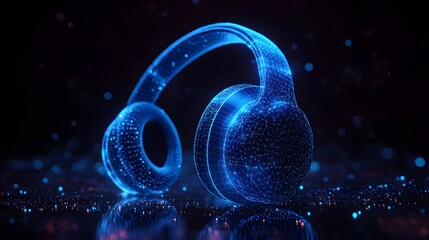 Poster - Futuristic headphones glow brilliantly, a sleek digital design. The wireframe structure and reflective surface enhance the modern aesthetic. Abstract wireframe in dark blue