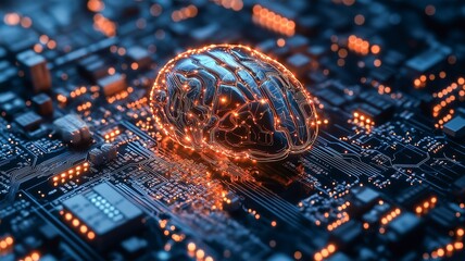 Leinwandbilder - A glowing circuit brain among computer parts symbolizes technology and intelligence fusion.