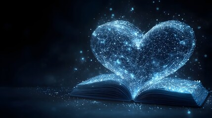 Poster - A book unveils a luminous heart of digital lines, symbolizing the fusion of knowledge and emotion. Sparkling lights enhance the magical atmosphere. Abstract wireframe in dark blue