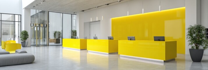 Leinwandbilder - Bright Reception Area With Yellow Counter and Welcoming Ambiance at a Contemporary Facility