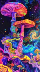 Wall Mural - Psychedelic mushroom art with vibrant colors and cosmic patterns for imaginative designs and artistic creations