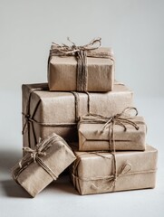 Poster - Beautifully Wrapped Gift Stack in Kraft Paper Showcasing a Minimalist Aesthetic Perfect for Special Occasions or Celebrations