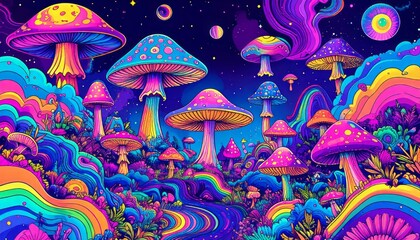 psychedelic mushroom landscape with vibrant colors creating a surreal and dreamy atmosphere for fant