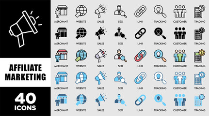 affiliate marketing icon set with various styles and colors customer satisfaction questionnaire trad