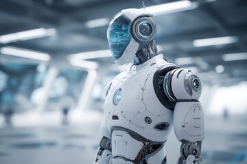 humanoid ai robot in a futuristic environment, symbolizing innovation and next-gen technology.