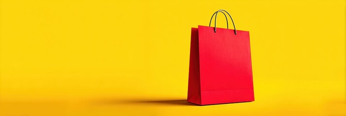 Poster - Vibrant Red Shopping Bag Against a Bright Yellow Background Perfect for Showcasing Shopping Themes and Retail Concepts