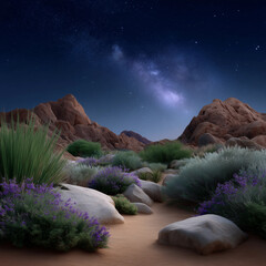 Wall Mural - A rocky desert landscape with a path through it and a sky full of stars