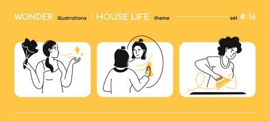 Wall Mural - house life and cleaning - line design style illustration