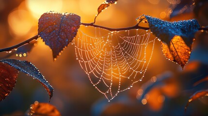 Silver dew drops cling to the delicate leaves of a spiderweb, transforming it into a sparkling jewel in the morning light, a marvel of natural engineering
