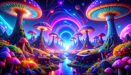 Wall Mural - Surreal mushroom landscape with glowing fungi and a cosmic portal invites viewers to a psychedelic journey