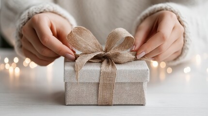 Poster - Hands Carefully Tying a Bow on a Beautifully Wrapped Gift on a White Tabletop Surrounded by Soft Bokeh Lights