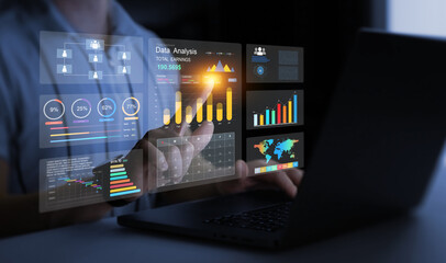Aufkleber - Management data System KPI connected in database for follow earnings,operations and sales data. Businessman using KPI dashboard.Financial business data analytics graph dashboard.