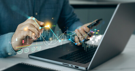 Leinwandbilder - Growth graph and investment analysis. Financial marketing graph and profit stock market chart.Business increase, profit,development and success.Financial report and business planning strategy.	