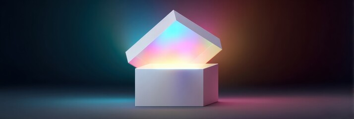 Aufkleber - Unique Half-Open Gift Box Glowing With Vibrant Colors in a Clean Gradient Background