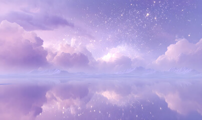 Wall Mural - a dreamy, surreal landscape with glowing clouds and floating islands, soft pastel colors, gentle mist, sparkling stars in the sky, a calm lake reflecting the magical scenery. generative ai