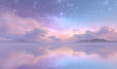 Wall Mural - a dreamy, surreal landscape with glowing clouds and floating islands, soft pastel colors, gentle mist, sparkling stars in the sky, a calm lake reflecting the magical scenery. generative ai