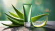 © Oveline - A single face cream tube with a soft green gradient, placed beside fresh aloe vera slices, water droplets on the surface, bright natural lighting for a fresh and hydrating look, simple and clean style