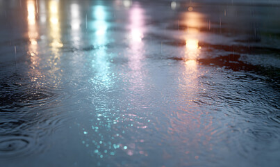 Wall Mural - a puddle on the ground during a rainy day, raindrops hitting the surface and creating ripples, wet asphalt with reflections of city lights, realistic lighting, moody and calm atmosphere-generative ai