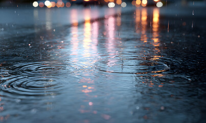 Wall Mural - a puddle on the ground during a rainy day, raindrops hitting the surface and creating ripples, wet asphalt with reflections of city lights, realistic lighting, moody and calm atmosphere-generative ai