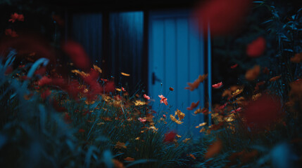 Wall Mural - A blue door surrounded by flowers.